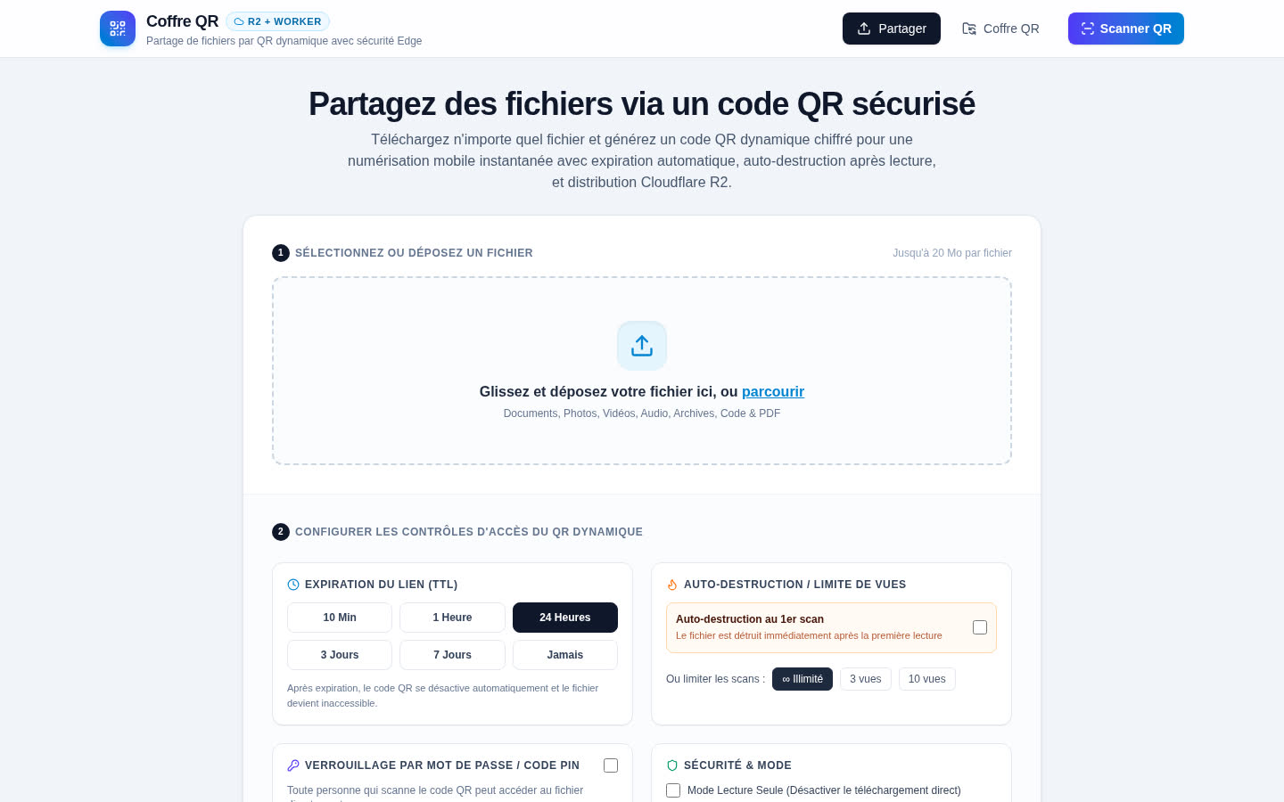 Coffre QR — page de partage de fichier par code QR