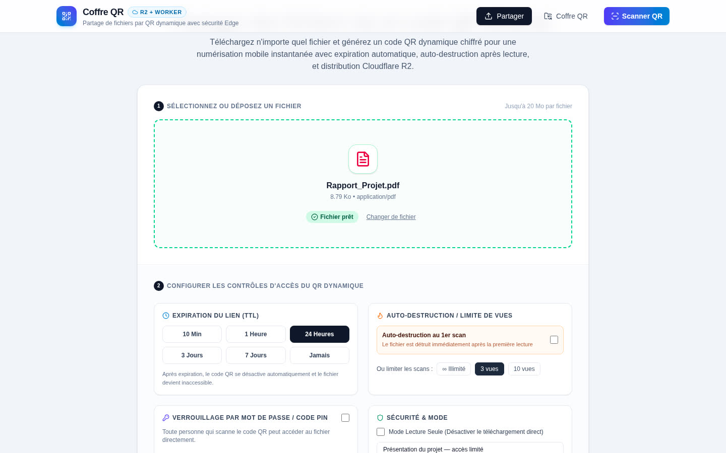 Coffre QR — fichier et options configurés