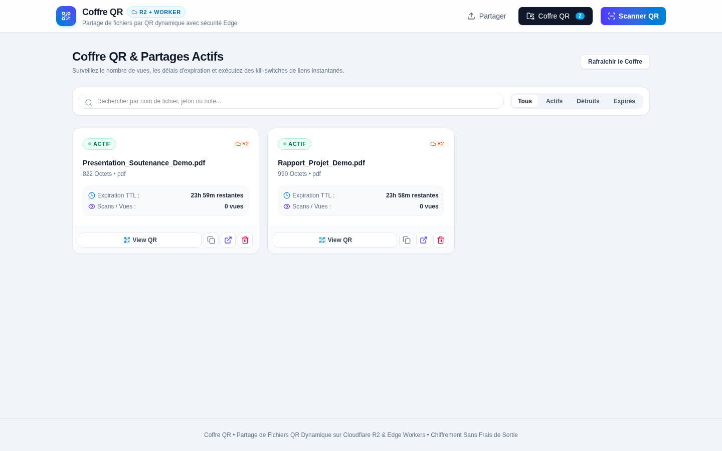 Coffre QR — coffre des partages actifs avec vues et expiration