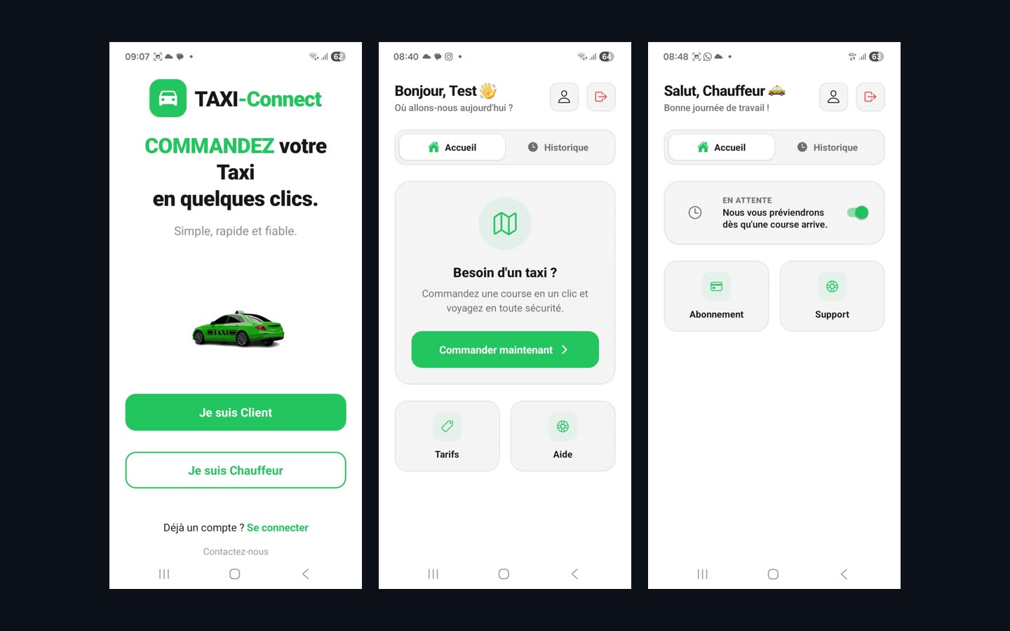 Taxi-Connecte — écrans de l'application : accueil, réservation et espace chauffeur